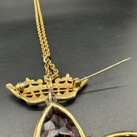 Vintage Amethyst Gripoix Glass Star Coin Brooch Pendant Necklace Julius Caesar - Picture 4 of 12